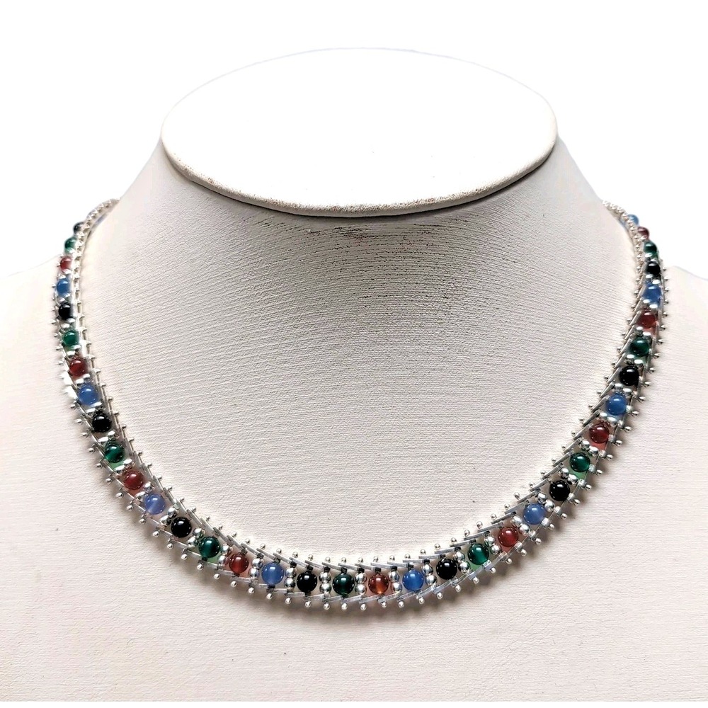 Vtg 925 Italy Sterling Silver Multi Color Onyx Link Necklace 16.5" Heavy 27g